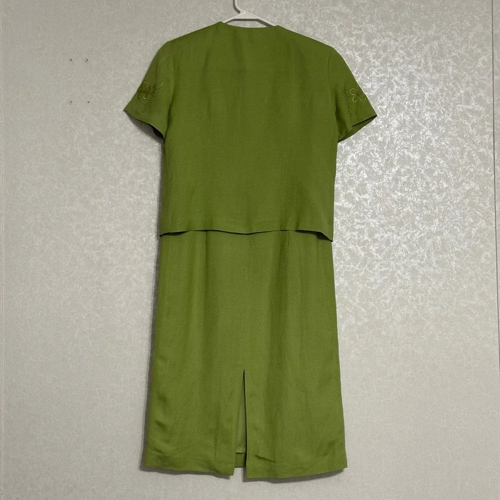 Jessica Howard Floral Embroidered Jacket Dress Set Linen Blend‎ Green 4P